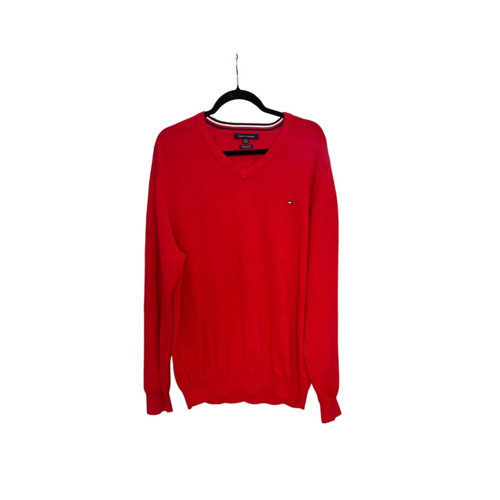 Tommy Hilfiger Mens XL Red V-Neck Premium Cotton Long Sleeve Sweater TW78297125